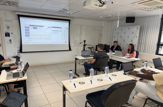 Foto colorida: audiência híbrida com participantes em mesas e tela projetada, sala institucional, sessão oficial, acompanhando apresentação em branco, cinza e azul