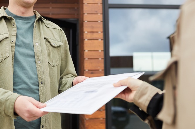 Foto colorida: duas pessoas trocando documentos à frente de residência, ambiente externo, entrega formal, repassando papéis em bege, verde e branco