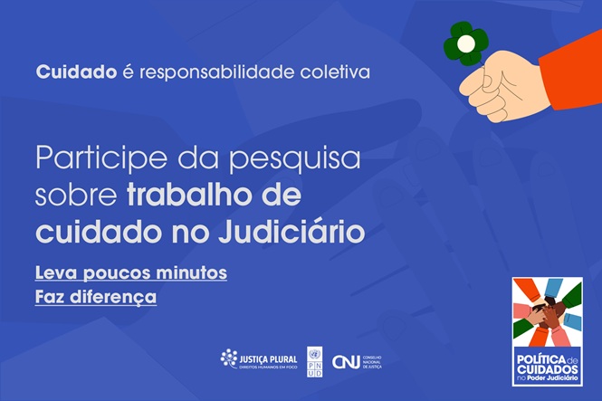 Arte gráfica: ilustração de mão segurando flor, fundo azul, campanha institucional, convidando à pesquisa em azul, verde e branco