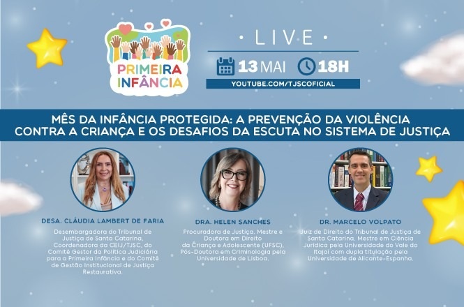 Arte gráfica: cartaz de live Primeira Infância, fundo ilustrado com estrelas, evento institucional, divulgando transmissão em azul, branco e amarelo