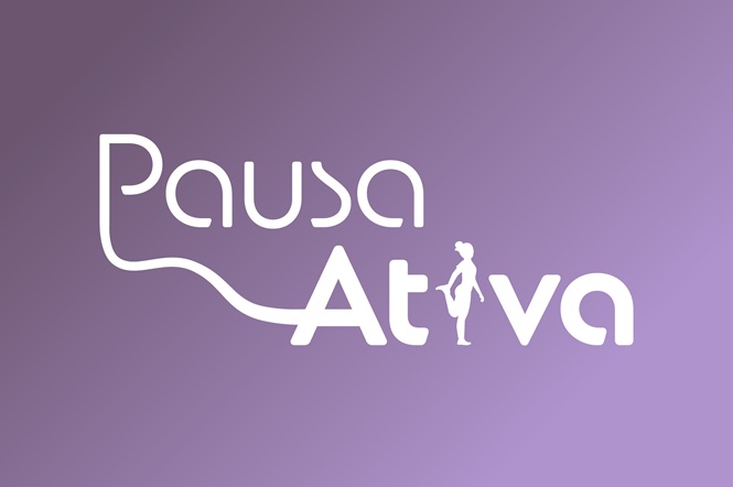 Arte gráfica: logotipo Pausa Ativa em fundo lilás, cenário minimalista, programa de bem‑estar, incentivando movimento em roxo e branco
