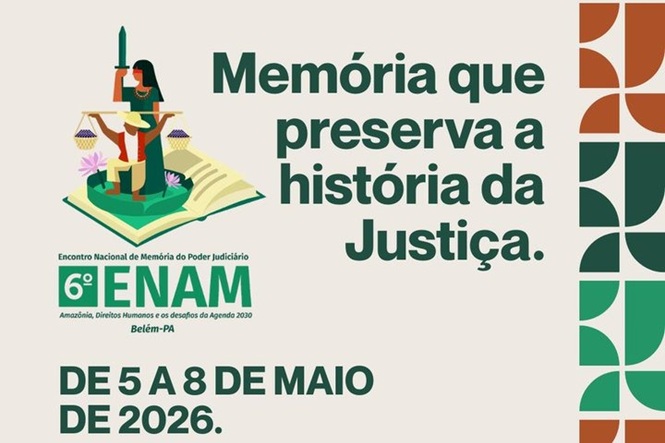 Arte gráfica: cartaz do 6º ENAM com ilustração simbólica, fundo claro, evento jurídico, divulgando encontro em verde, bege e laranja