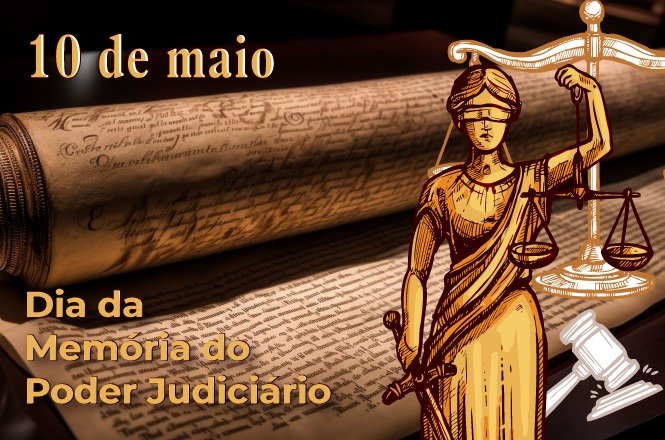 Arte digital: ilustração da Justiça sobre documentos antigos marca o Dia da Memória do Poder Judiciário.