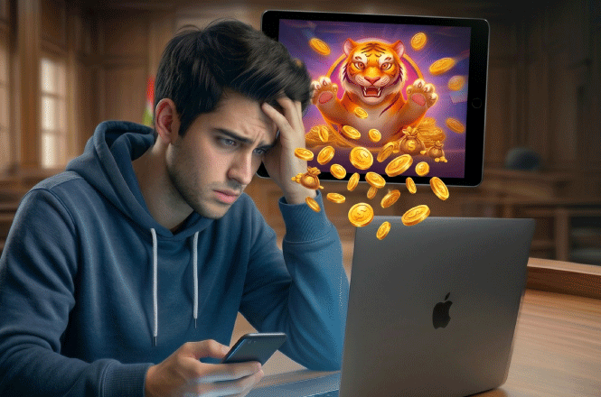 Arte digital: jovem preocupado usa celular diante de laptop com jogo do tigrinho e moedas douradas.