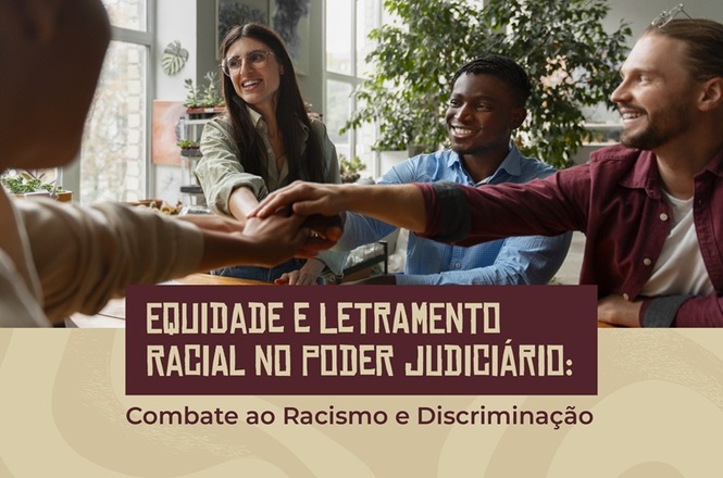 Arte digital: pessoas unem as mãos em campanha sobre equidade racial e combate à discriminação.