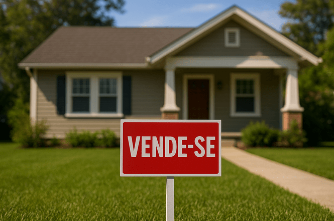 Foto horizontal: placa vermelha de “vende-se” diante de casa residencial com jardim verde.
