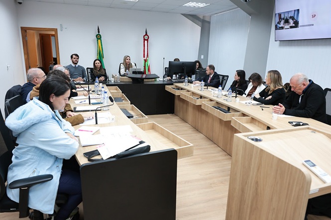 Foto horizontal: participantes acompanham reunião institucional em sala com bandeiras do Brasil e SC.