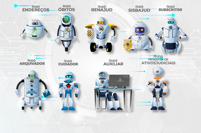 Arte digital: robôs judiciais ilustram sistemas automatizados do PJSC em tons branco e azul.