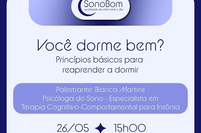 Imagem card azul e branco, fundo claro, institucional, divulgando evento sobre sono com data e horário