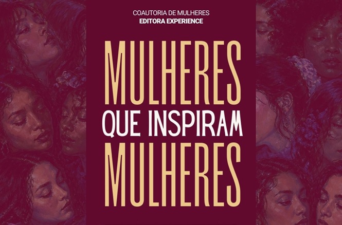 Imagem capa livro vermelho e dourado, fundo com rostos femininos, editorial, destacando título centralizado