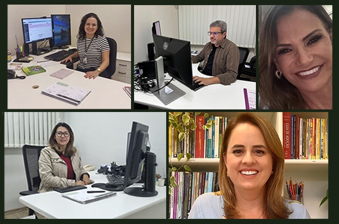 Foto composta: retratos de profissionais em ambiente de trabalho, alguns ao computador e outros em destaque, tons neutros.