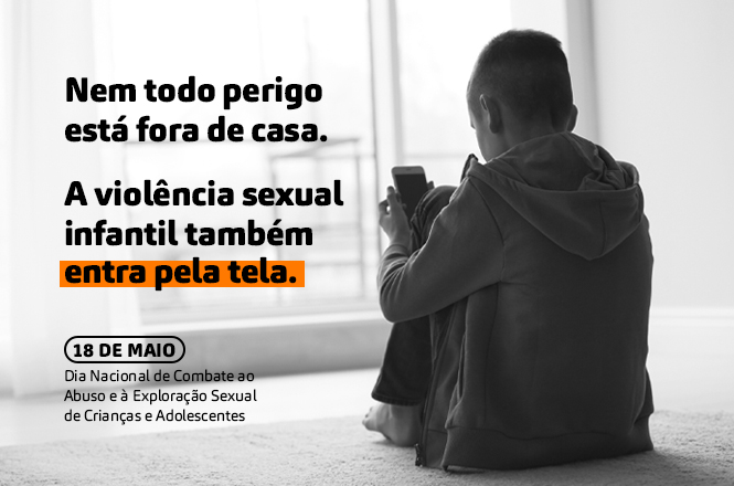 Arte digital: criança usa celular em campanha contra violência sexual infantil em tons cinza e laranja.