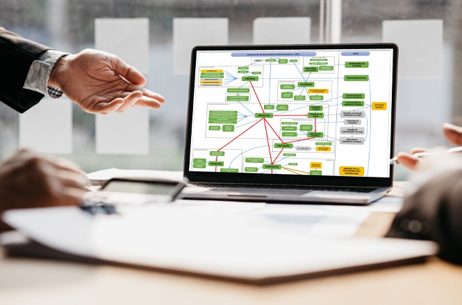 Foto horizintal: notebook preto e cinza com tela verde e branca, escritório ao fundo, corporativo, exibindo fluxograma digital