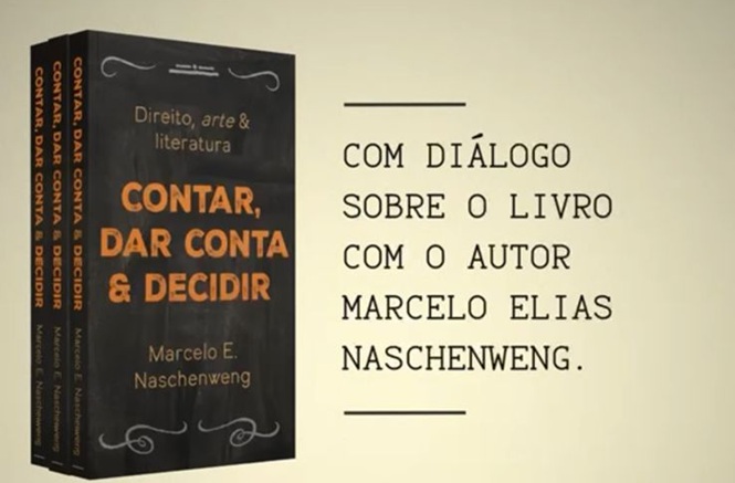 Imagem gráfica: capa do livro “Contar, dar conta & decidir”, de Marcelo Elias Naschenweng, com chamada para diálogo com o autor, tons neutros.