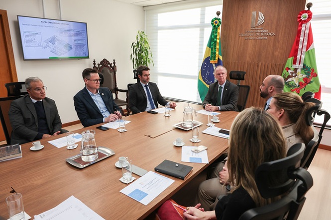 Foto horizontal: reunião institucional no TJSC, desembargador Rubens Schulz ao centro entre as bandeiras do Brasil e de SC, participantes ao redor da mesa, ambiente formal.