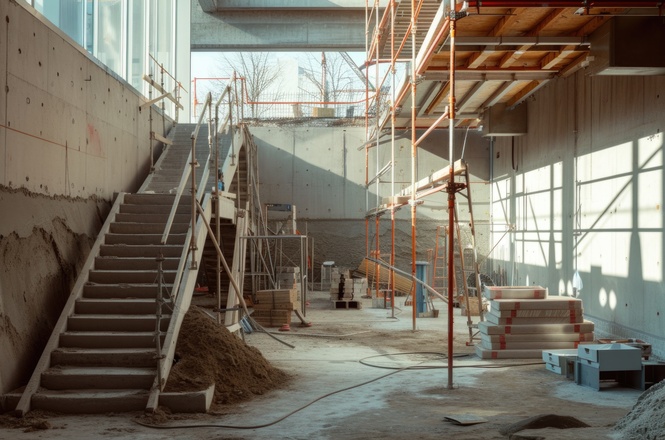 Foto horizontal: ambiente de obra em construção com escadas, andaimes e materiais espalhados, luz natural incidindo, tons neutros e industriais.