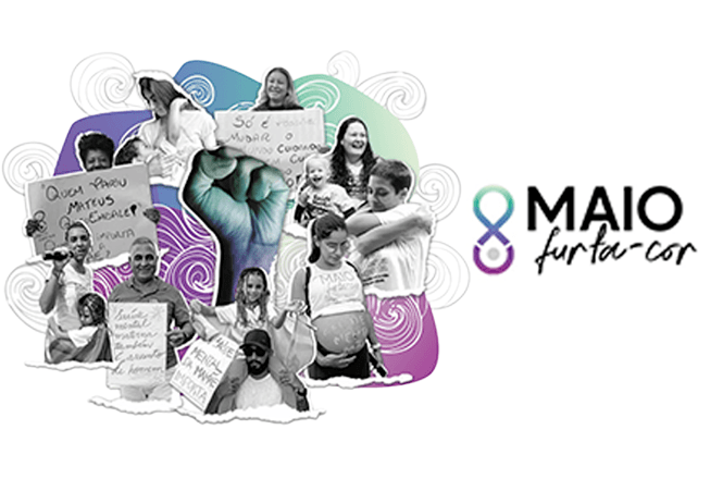 Foto horizontal: colagem de pessoas e famílias com elementos gráficos coloridos e símbolo do “Maio Furta-Cor”, campanha de conscientização sobre saúde materna, tons suaves e vibrantes.