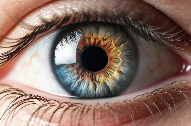 Foto horizontal: close-up de olho humano com íris detalhada em destaque, representação visual da visão e saúde ocular, tons naturais.