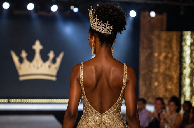 Foto horizontal: miss usa coroa e vestido de gala em passarela, vista de costas, público ao fundo, clima de desfile e elegância.