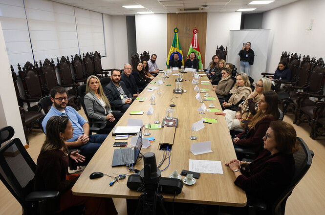 Foto horizontal: reunião institucional com participantes ao redor de mesa, autoridades e equipe em discussão, bandeiras ao fundo, ambiente formal, clima de diálogo e decisão.