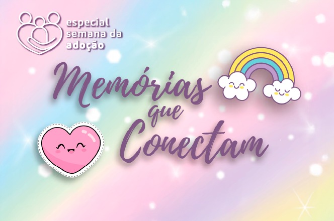 Imagem cartaz em tons pastel rosa e azul, fundo arco-íris suave, institucional, promovendo adoção com coração e nuvem