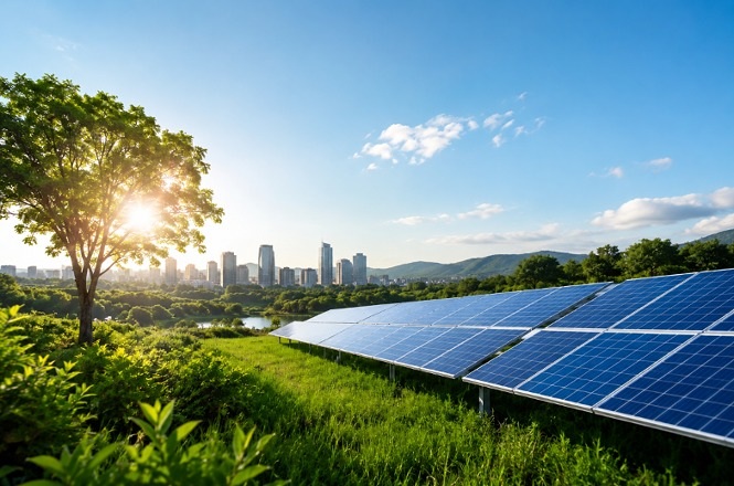 Foto horizontal: painéis solares em área verde com cidade ao fundo, energia limpa em destaque, clima de sustentabilidade.