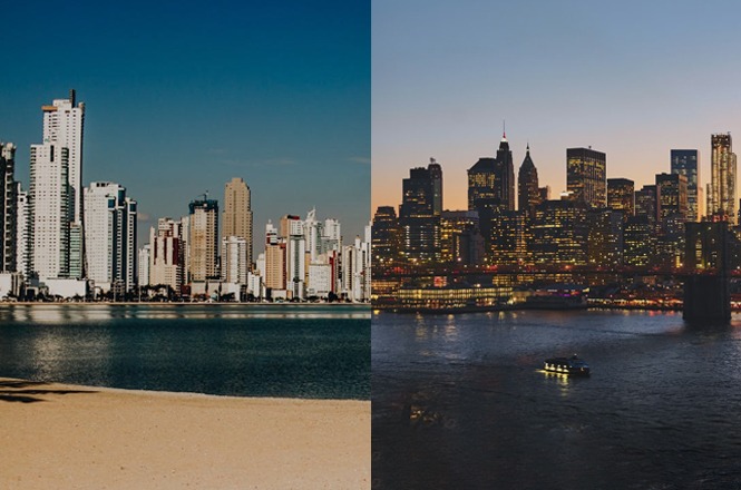 Foto horizontal: comparação entre Balneário Camboriú e Nova York, paisagens urbanas contrastantes entre dia e noite, clima de paralelismo urbano.