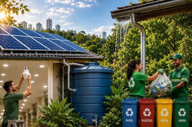 Foto horizontal: práticas sustentáveis em destaque com energia solar, captação de água e reciclagem, clima de consciência ambiental.