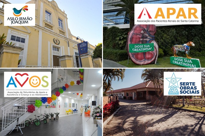 Imagem composta: instituições sociais parceiras em destaque, incluindo Asilo Irmão Joaquim, APAR, AVOS e Serte Obras Sociais, clima de responsabilidade social e apoio comunitário.