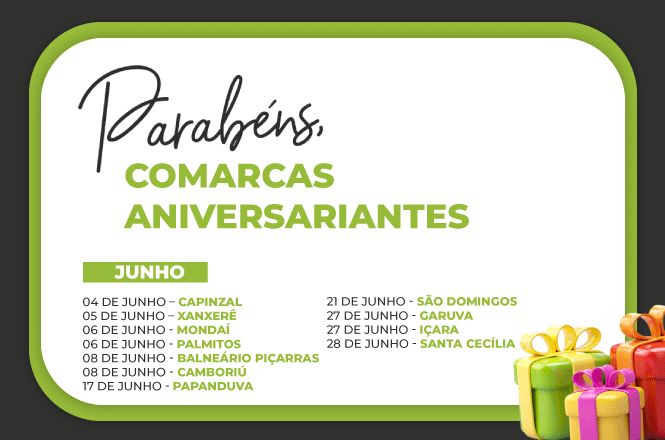 Imagem horizontal: arte gráfica celebra comarcas aniversariantes de junho, lista de datas e cidades em destaque, clima comemorativo institucional.