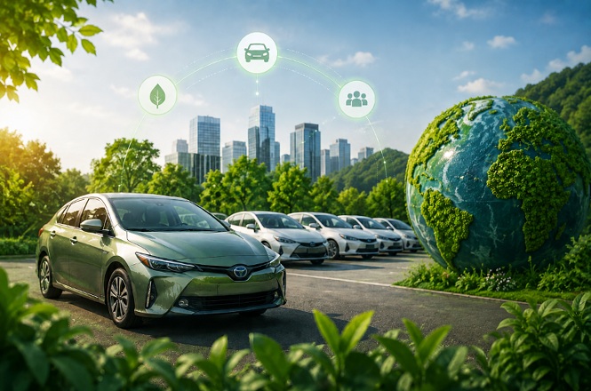 Foto horizontal: carros elétricos em destaque diante de paisagem urbana e natureza, símbolo de mobilidade sustentável e inovação ambiental.