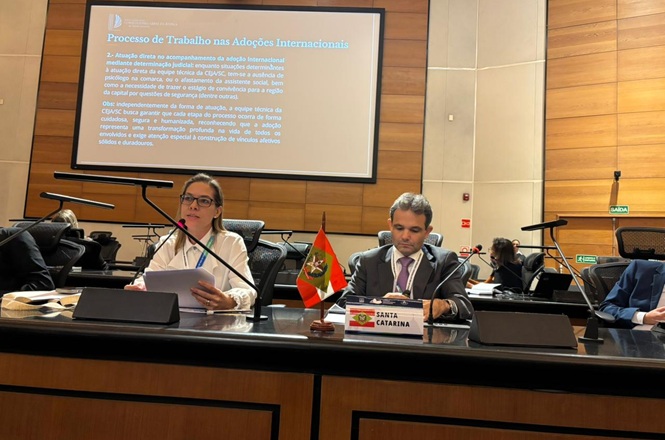 Foto horizontal: autoridades participam de mesa em evento sobre adoções internacionais, apresentação em destaque, clima de debate e cooperação institucional.