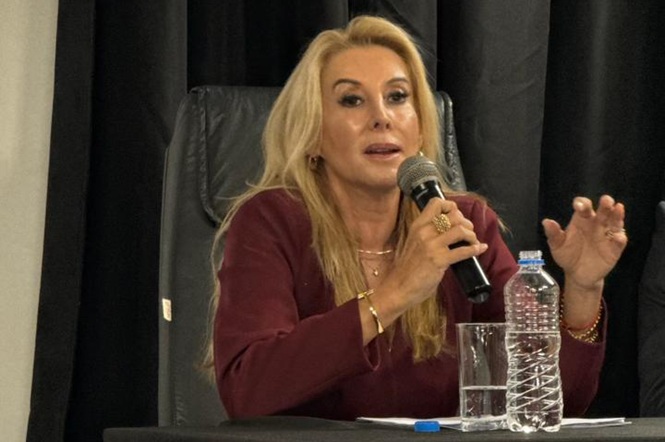 Foto horizontal: a desembargadora Cinthia Beatriz da Silva Bittencourt Schaefer fala ao microfone em evento, mesa à frente, clima de debate e atuação institucional.
