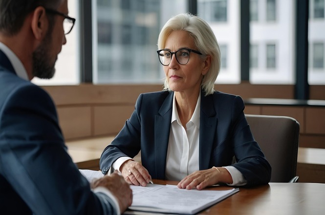 Foto horizontal: mulher em reunião profissional analisa documento diante de interlocutor, ambiente corporativo, clima de decisão e negociação.