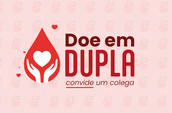 Imagem horizontal: arte gráfica incentiva doação de sangue em dupla, mensagem solidária com destaque para cuidado coletivo e empatia.
