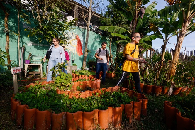 Foto horizontal: pessoas cuidam de horta comunitária, cultivo de plantas em destaque, clima de sustentabilidade, educação ambiental e ação coletiva.