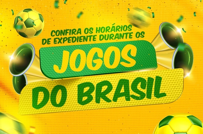 Imagem horizontal: arte gráfica informa horários de expediente durante jogos do Brasil, elementos visuais esportivos em destaque, clima de mobilização e engajamento.