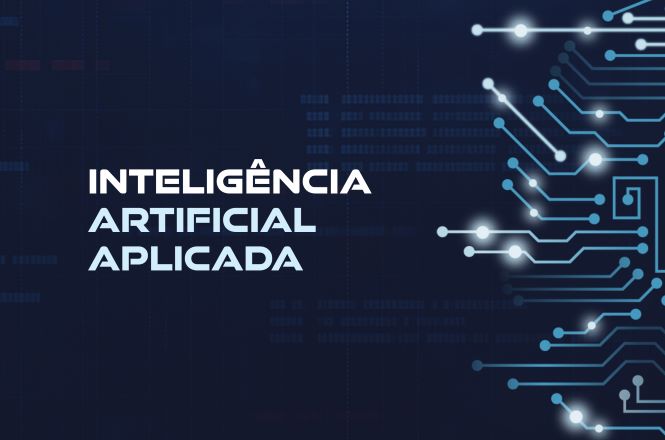 Banner digital do curso “Inteligência Artificial Aplicada”. O fundo é azul-escuro, com elementos gráficos que remetem a tecnologia, como linhas e conexões luminosas em tons de azul-claro e branco, semelhantes a circuitos eletrônicos, concentradas principalmente no lado direito da imagem. À esquerda, em destaque, está o título “INTELIGÊNCIA ARTIFICIAL APLICADA” em letras brancas, maiúsculas e negritadas. O design transmite uma estética moderna e tecnológica, associada à inovação digital e ao uso da inteligência artificial.