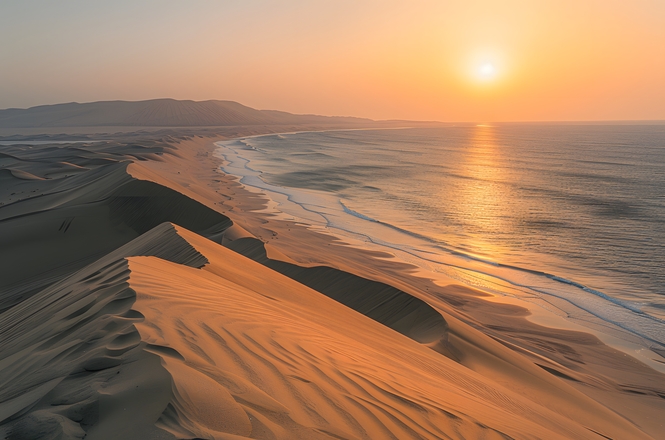 Foto horizontal: paisagem litorânea com dunas e mar ao pôr do sol, luz dourada refletida na água, clima de tranquilidade, contemplação e beleza natural.