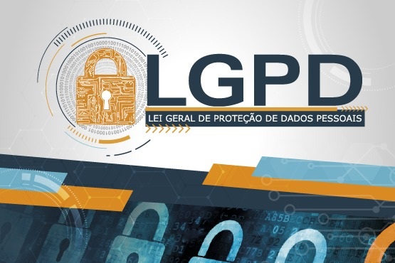 Imagem horizontal: arte gráfica sobre a LGPD (Lei Geral de Proteção de Dados Pessoais), com cadeado e elementos digitais em destaque, clima de segurança da informação, proteção de dados e governança.