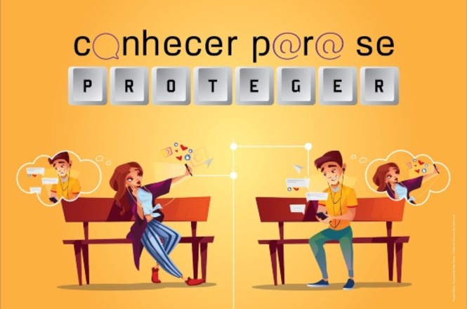 Arte gráfica com mensagem “Conhecer para se proteger”, alerta sobre segurança digital e uso consciente da internet