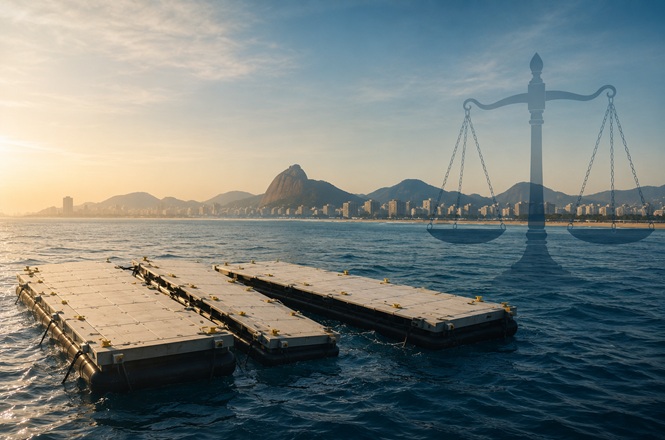 Foto horizontal: estruturas flutuantes no mar diante de cidade litorânea, com símbolo da Justiça sobreposto ao céu.