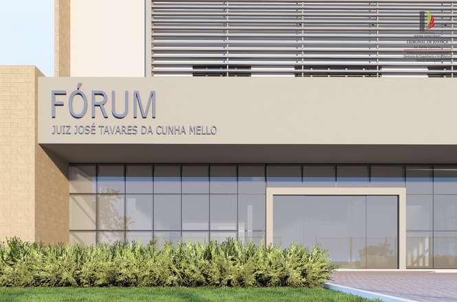 Imagem ilustrativa: detalhe da fachada projetada do Fórum Juiz José Tavares da Cunha Mello, com arquitetura moderna e áreas envidraçadas.