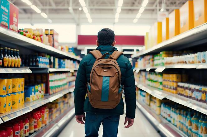 Foto ilustrativa: pessoa com mochila caminha por corredor de supermercado, entre prateleiras abastecidas, simbolizando consumo, compras e custo de vida.