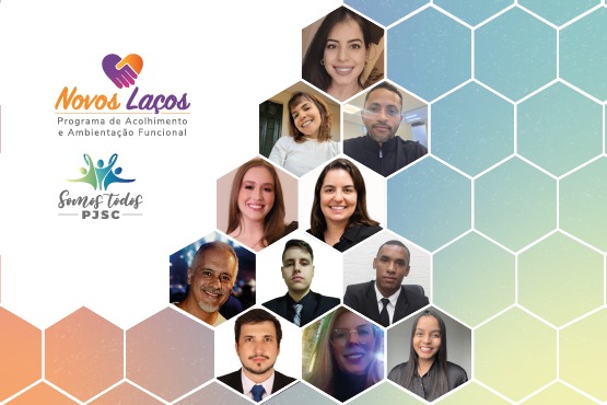 Arte gráfica: divulgação do programa Novos Laços, com retratos de participantes organizados em hexágonos e destaque para acolhimento e ambientação funcional no PJSC.