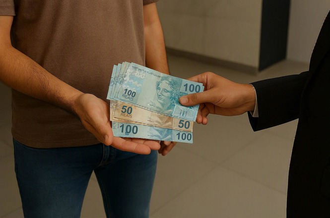 Foto ilustrativa: pessoa entrega cédulas de real a outra, representando transações financeiras, pagamento em dinheiro, empréstimos ou movimentação de valores.