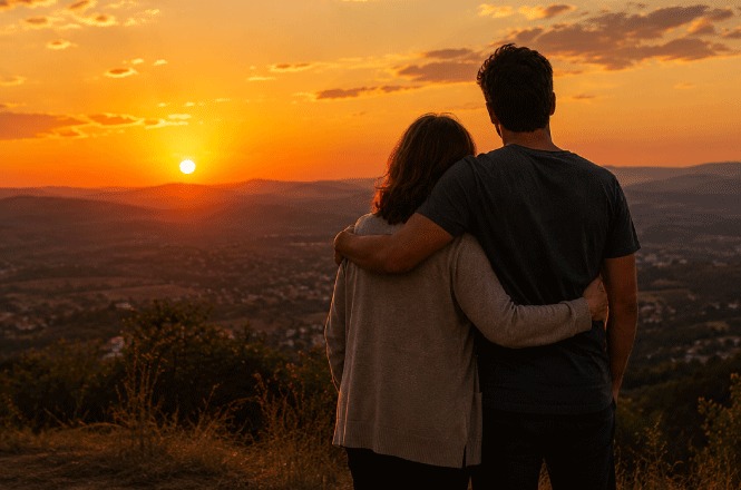 Foto horizontal: casal observa o pôr do sol abraçado, simbolizando afeto, companheirismo, convivência e apoio mútuo.