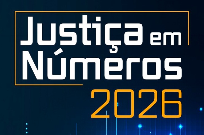 Imagem gráfica: banner azul e preto, fundo tecnológico com linhas luminosas, institucional, exibindo texto “Justiça em Números 2026”