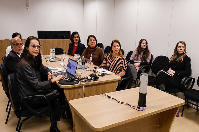 Foto horizontal: servidoras participam de reunião por videoconferência durante atividade de trabalho no Poder Judiciário.