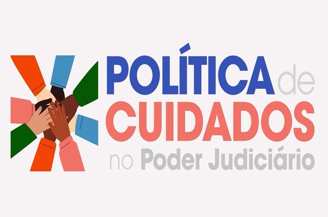 Arte gráfica: logomarca da Política de Cuidados no Poder Judiciário, com ilustração de mãos unidas em círculo representando acolhimento e cooperação.